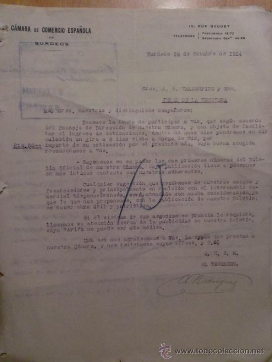 Gesch&auml;ftsbriefe: CARTA COMERCIAL. BURDEOS. OCTUBRE 1924. CAMARA DE COMERCIO ESPA&Ntilde;OLA EN BURDEOS.
