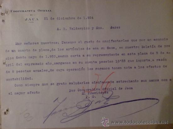 Gesch&auml;ftsbriefe: CARTA COMERCIAL. JACA. DICIEMBRE 1924. COOPERATIVA OFICIAL DE JACA.