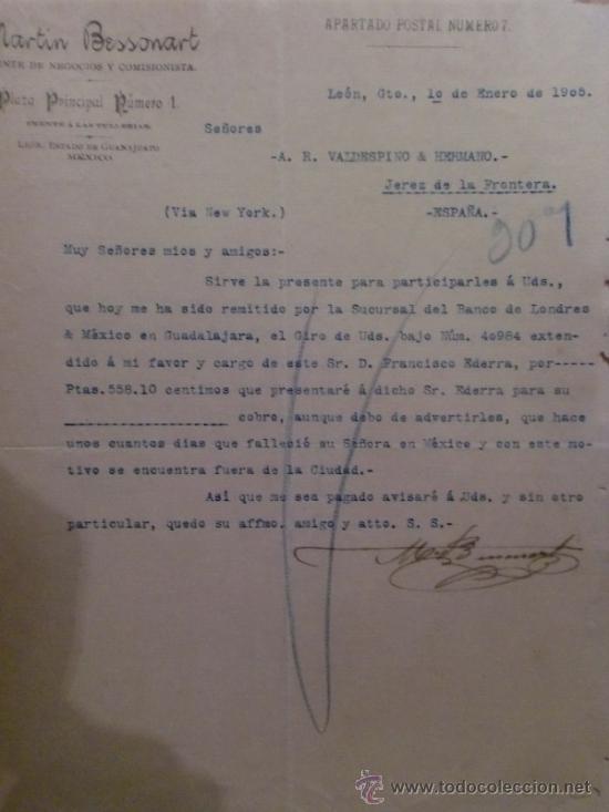 Gesch&auml;ftsbriefe: CARTA COMERCIAL. LEON. MEXICO. ENERO 1905. MARTIN BESSONART. AGENTE DE NEGOCIOS Y COMISIONISTA.