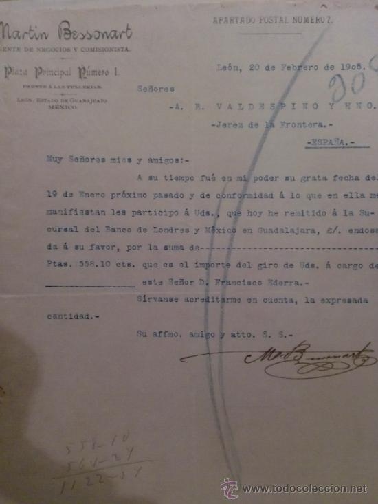 Gesch&auml;ftsbriefe: CARTA COMERCIAL. LEON. MEXICO. FEBRERO 1905. MARTIN BESSONART. AGENTE DE NEGOCIOS Y COMISIONISTA.