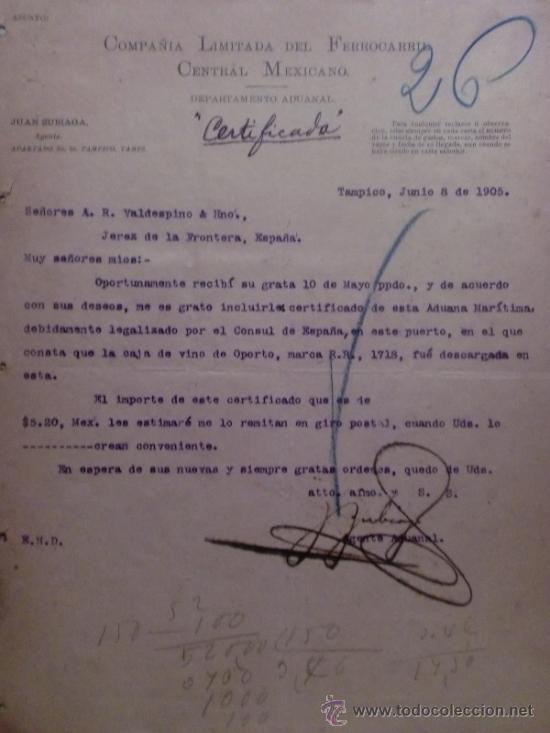 Gesch&auml;ftsbriefe: CARTA COMERCIAL. TAMPICO. MEXICO. JUNIO 1905. COMPA&Ntilde;IA LIMITADA DEL FERROCARRIL CENTRAL MEXICANO.