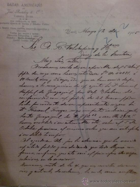 Gesch&auml;ftsbriefe: CARTA COMERCIAL. QUITO. PERU. MAYO 1905. JOSE BROTSKEY & C&ordm;. BAZAR AMERICANO.