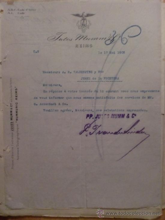 Gesch&auml;ftsbriefe: CARTA COMERCIAL. REIMS. FRANCIA. MAYO 1905. TULES MUMM & C&ordm;.