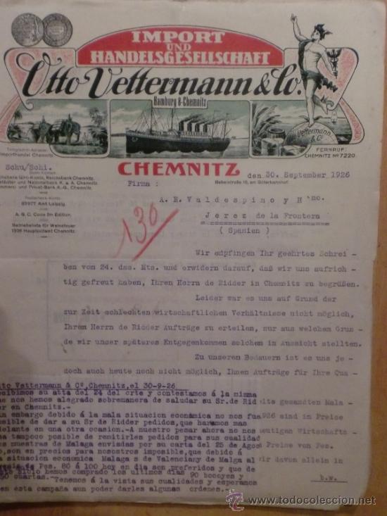 Lettres commerciales: CARTA COMERCIAL. CHEMNITZ. ALEMANIA. SEBRE1926.OTTO VETTERNANN & C&ordm;. IMPORT UND HANDELSGESELLSCHAH