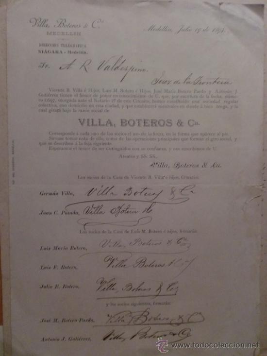 Lettres commerciales: CIRCULAR. MEDELLIN. COLOMBIA. JULIO 1894. VILLA BOTEROS & C&ordm;.