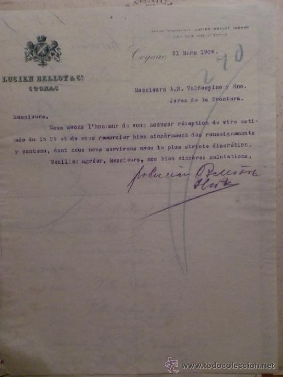 Lettres commerciales: CARTA COMERCIAL. COGNAC. FRANCIA. MARZO 1905. LUCIEN BELLOT & C&ordm;. CONAC.