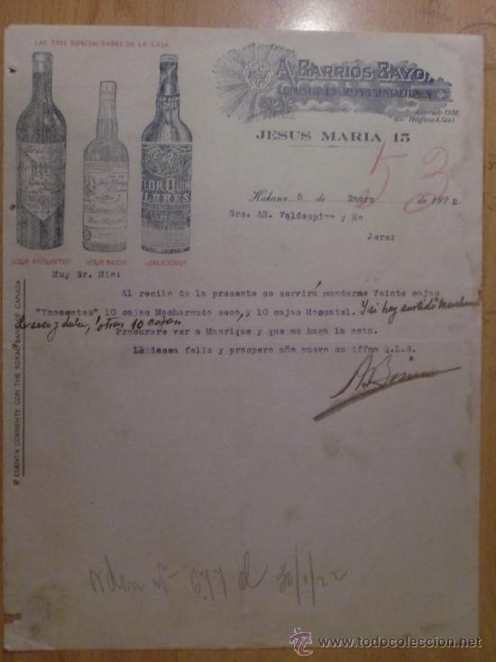Lettres commerciales: CARTA COMERCIAL. HABANA. CUBA. ENERO 1922. A. BARRIOS BAYO. COMISIONES Y REPRESENTACIONES.