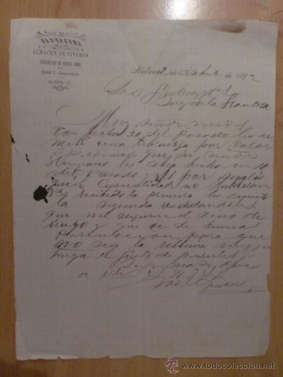 Lettres commerciales: CARTA COMERCIAL. HABANA. CUBA. NOVIEMBRE 1892. JOSE C. GUERRERO. SANTACANA, ALMACEN DE VIVERES.