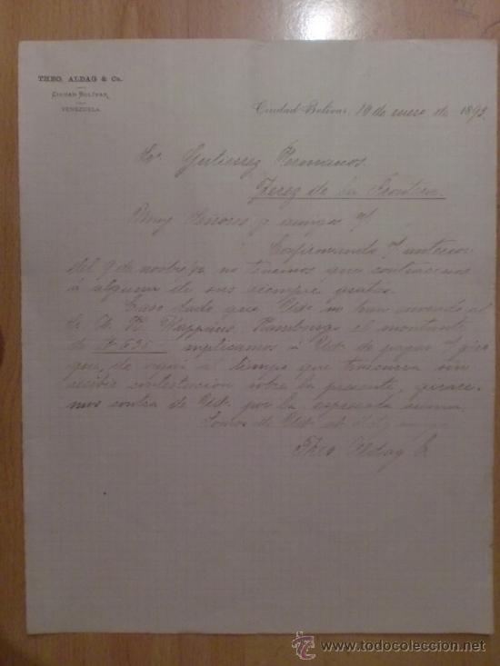 Lettres commerciales: CARTA COMERCIAL. CIUDAD DE BOLIVAR. VANEZUELA. ENERO 1893. THEO ALDAG & C&ordf;.