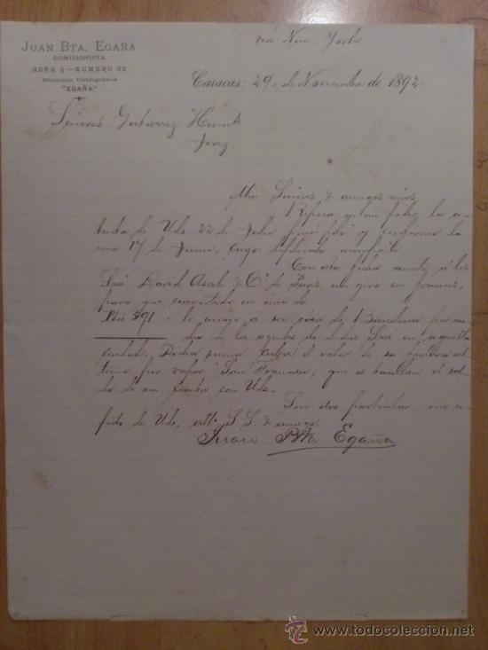 Lettres commerciales: CARTA COMERCIAL. CARACAS  VENEZUELA. NOVIEMBRE 1892. JUAN BTA. EGA&Ntilde;A. COMISIONISTA.