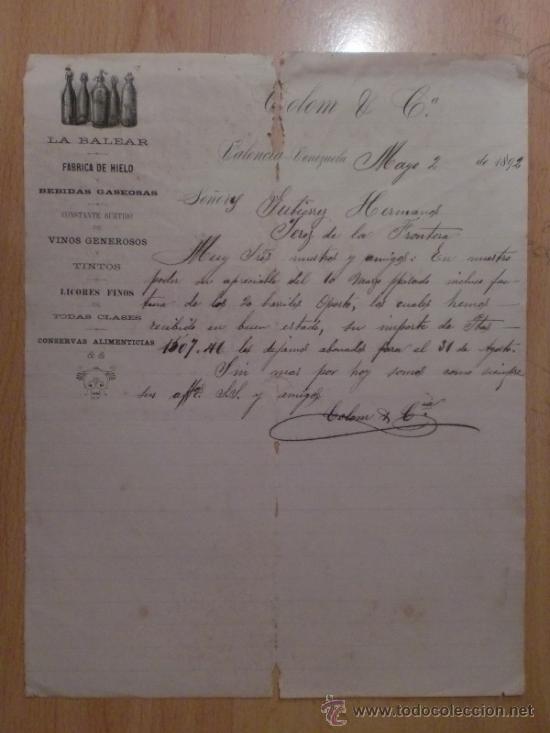 Lettres commerciales: CARTA COMERCIAL. VALENCIA. VENEZUELA. MAYO 1892. COLON & C&ordf;. LA BALEAR. FABRICA DE HIELO.
