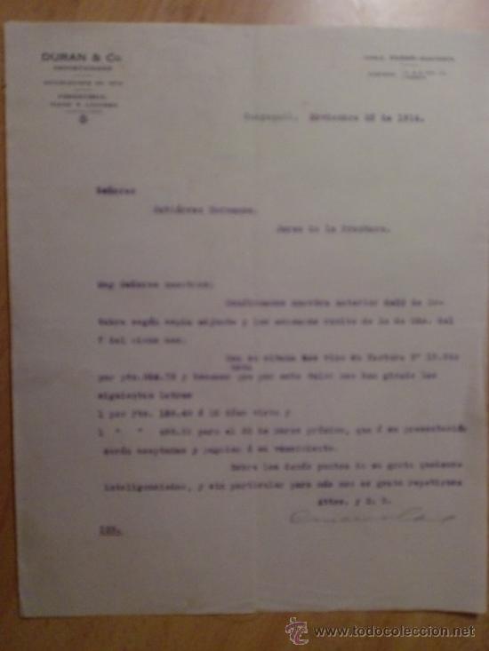 Lettere commerciali: CARTA COMERCIAL. GUAYAQUIL. ECUADOR. NOVIEMBRE 1916. DURAN & CO. IMPORTADORES.