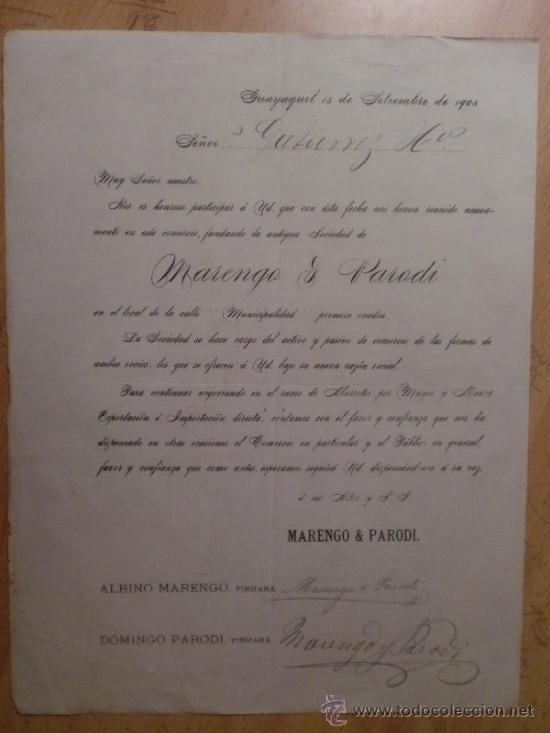 Lettres commerciales: CIRCULAR. GUAYAQUIL. ECUADOR. SEPTIEMBRE 1908. MARENGO Y PARODI.
