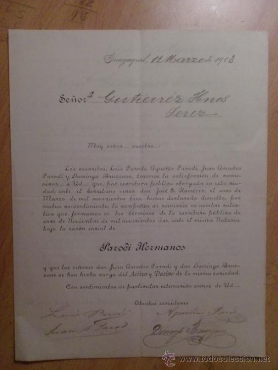 Lettres commerciales: CIRCULAR. GUAYAQUIL. ECUADOR. MARZO 1903. PARODI HERMANOS.