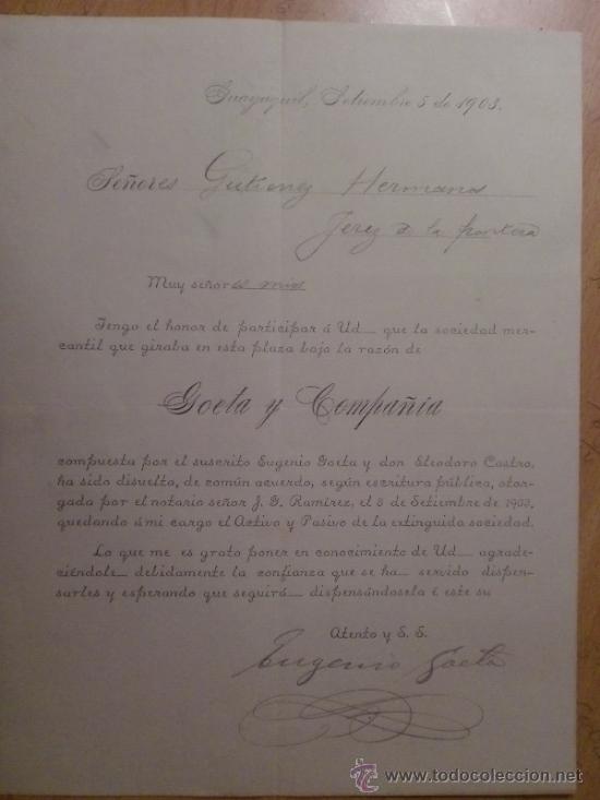 Lettres commerciales: CIRCULAR. GUAYAQUIL. ECUADOR. SEPTIEMBRE 1903. GOETA Y COMPA&Ntilde;IA.