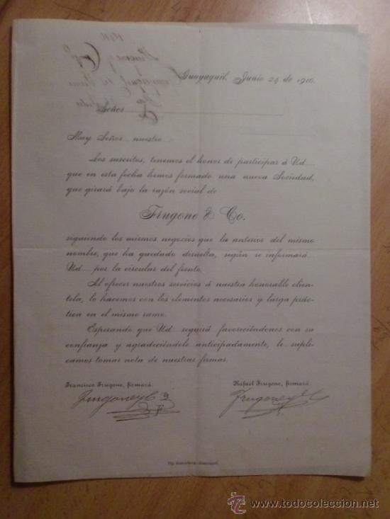 Lettres commerciales: CIRCULAR. GUAYAQUIL. ECUADOR. JUNIO 1910. FRUGONE Y CO.