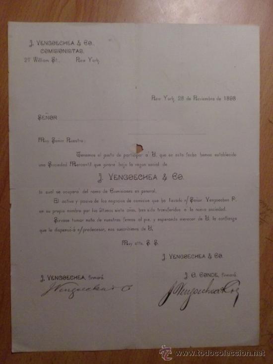 Lettres commerciales: CIRCULAR. NEW YORK. U. S. A. NOVIEMBRE 1898. J. VENGOECHEA Y CO. COMISIONISTAS.