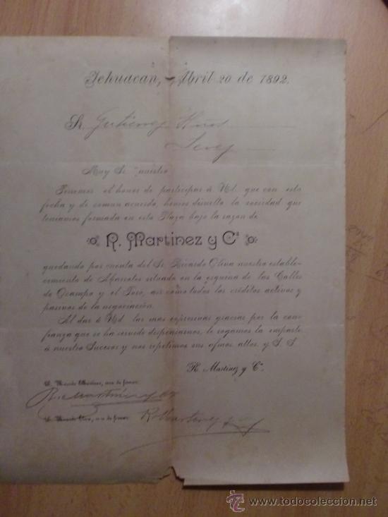 Lettres commerciales: CIRCULAR. TEHUACAN. MEXICO. R. MARTINEZ Y CO. ABRIL 1892. LIGUORI Y ARESTI.
