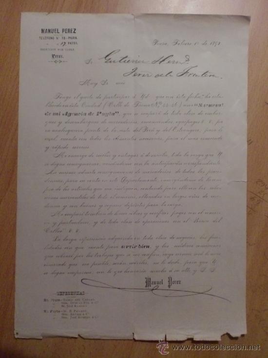 Lettres commerciales: CIRCULAR. PIURA. PERU. FEBRERO 1892. MANUEL PEREZ .