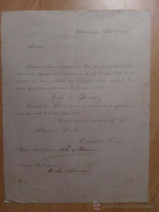 Lettres commerciales: CIRCULAR. BUCARAMANGA. COLOMBIA. ABRIL 1898. URIBE Y HERMANO.
