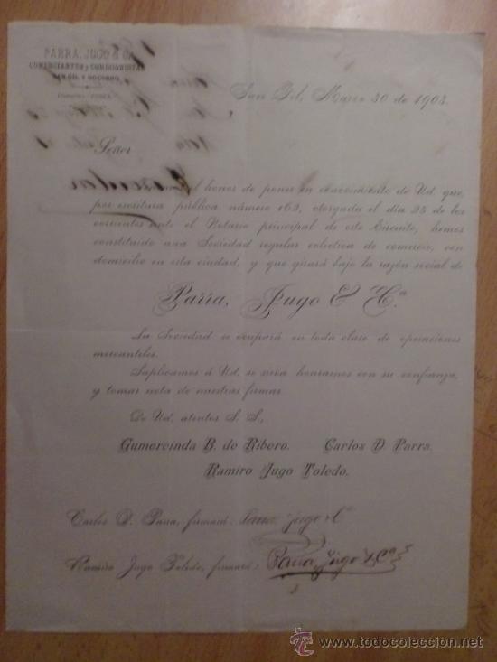 Lettres commerciales: CIRCULAR. SAN GIL. COLOMBIA. MARZO 1903. PARRA, PUGO Y CA.