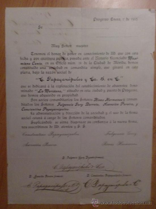 Lettres commerciales: CIRCULAR. PROGRESO. VENEZUELA. ENERO 1903. C. PAPAYANOPOLUS Y CA. S. EN C.