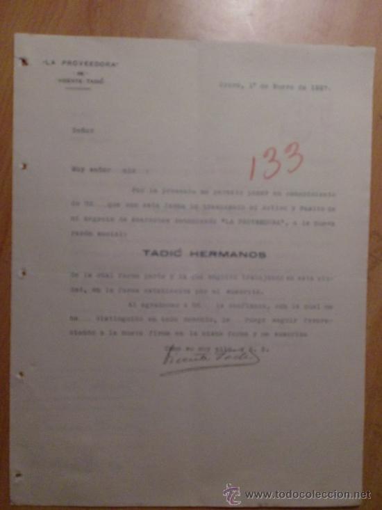 Lettres commerciales: CIRCULAR. ORURO. BOLIVIA. ENERO 1927. TADIC HERMANOS.