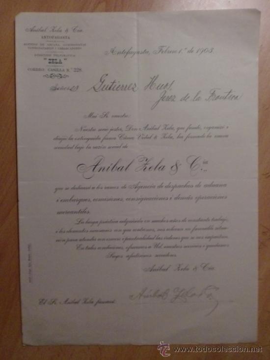 Lettres commerciales: CIRCULAR. ANTOFAGASTA. CHILE. FEBRERO 1903. ANIBAL ZELA Y CIA.