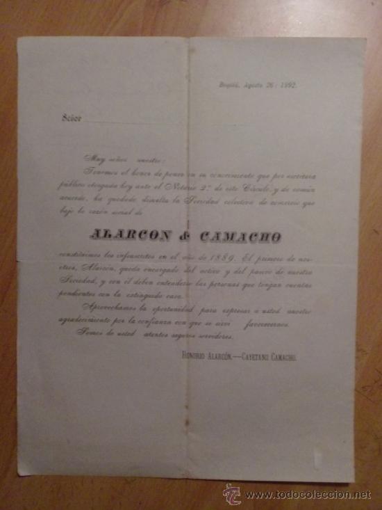 Lettres commerciales: CIRCULAR. BOGOTA. COLOMBIA. AGOSTO 1892. ALARCON Y CAMACHO.