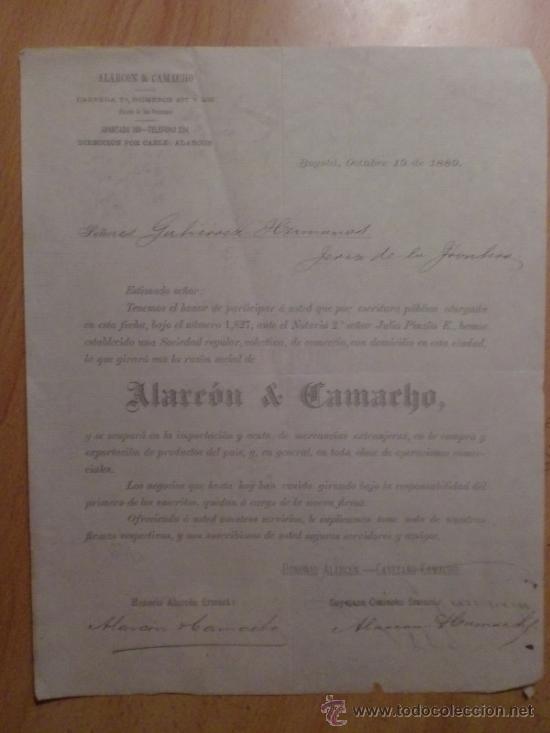 Lettres commerciales: CIRCULAR. BOGOTA. COLOMBIA. OCTUBRE 1889. ALARCON Y CAMACHO.