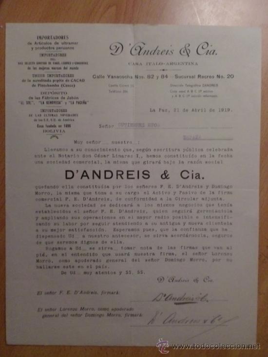 Gesch&auml;ftsbriefe: CIRCULAR. LA PAZ. BOLIVIA. ABRIL 1919. D&acute;ANDREIS Y CIA.