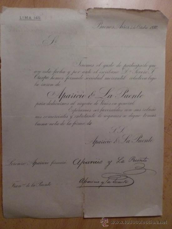 Gesch&auml;ftsbriefe: CIRCULAR. BUENOS AIRES. ARGENTINA. OCTUBRE 1892. APARICIO Y LA PUENTE.