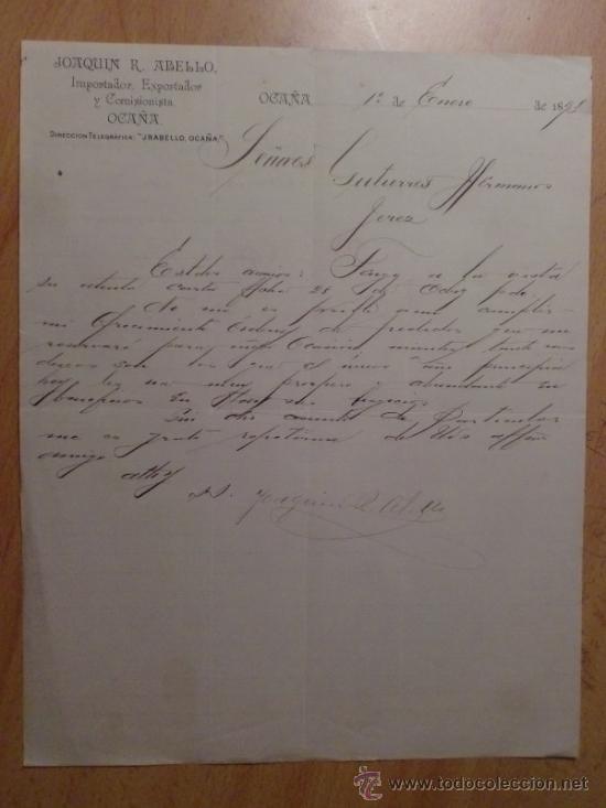 Gesch&auml;ftsbriefe: CARTA COMERCIAL. OCA&Ntilde;A. ENERO 1893. JOAQUIN R. ABELLO. IMPORTADOR, COMISIONISTA.