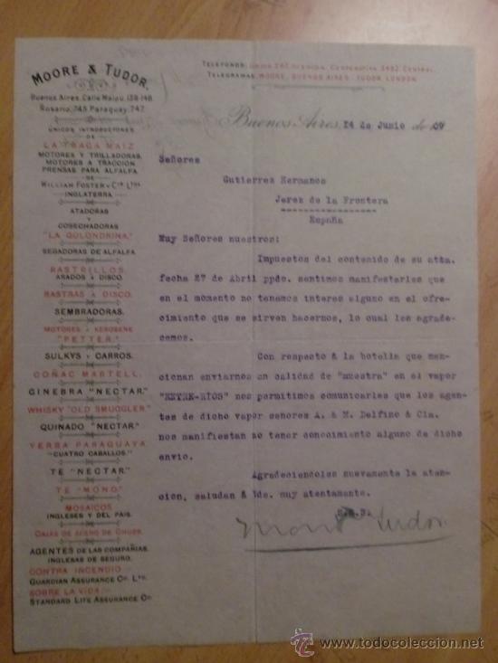 Gesch&auml;ftsbriefe: CARTA COMERCIAL. BUENOS AIRES. ARGENTINA. JUNIO 1909. MOORE Y TUDOR.