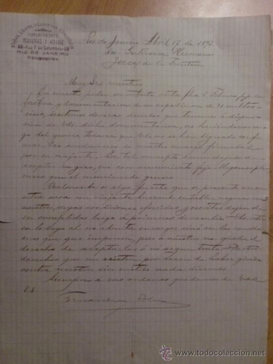 Gesch&auml;ftsbriefe: CARTA COMERCIAL. RIO DE JANEIRO. BRASIL. ABRIL 1895. FERNANDEZ Y ALVAREZ. VINOS, LICORES Y CONSEVAS.