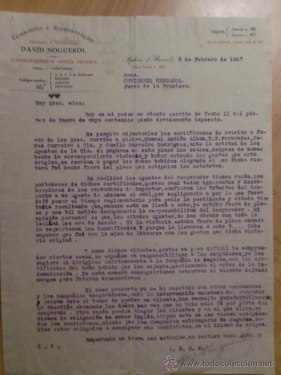 Gesch&auml;ftsbriefe: CARTA COMERCIAL. BAHIA. BRASIL. FEBRERO 1927. DAVID NOGUEROL. COMISIONES Y REPRESENTACIONES.