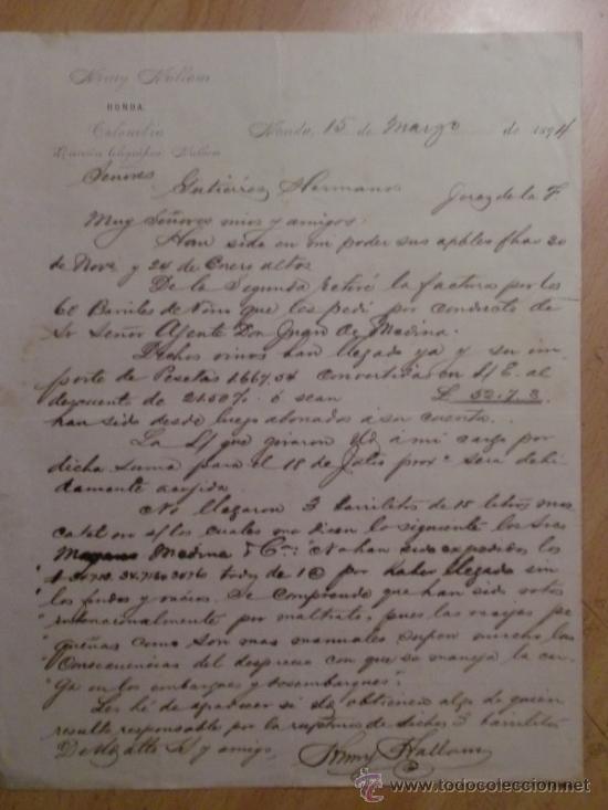 Gesch&auml;ftsbriefe: CARTA COMERCIAL. HONDA. COLOMBIA. MARZO 1894. HENRY HALLAM.