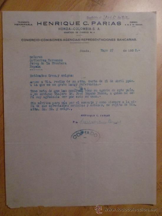 Gesch&auml;ftsbriefe: CARTA COMERCIAL. HONDA. COLOMBIA. MAYO 1932. HENRIQUE C. PARIAS. COMERCIO, COMISIONES.