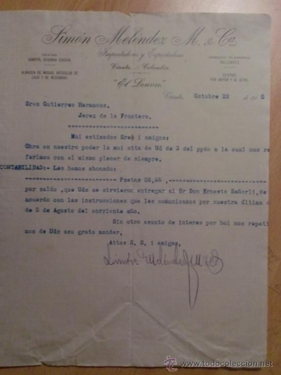 Gesch&auml;ftsbriefe: CARTA COMERCIAL. CUCUTA. COLOMBIA. OCTUBRE 1915. SIMON MELENDEZ M. Y CA. IMPORTADORES.