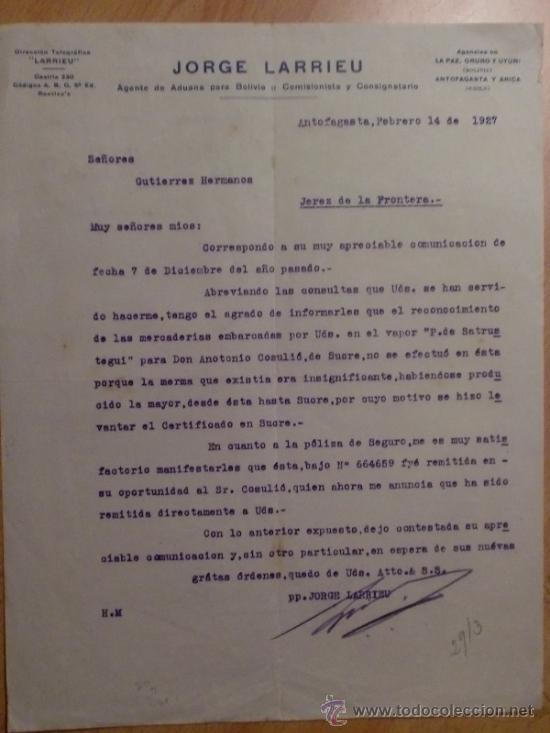 Gesch&auml;ftsbriefe: CARTA COMERCIAL. ANTOFAGASTA. CHILE. FEBRERO 1927. JORGE LARRIERU. AJENTE DE ADUANA.