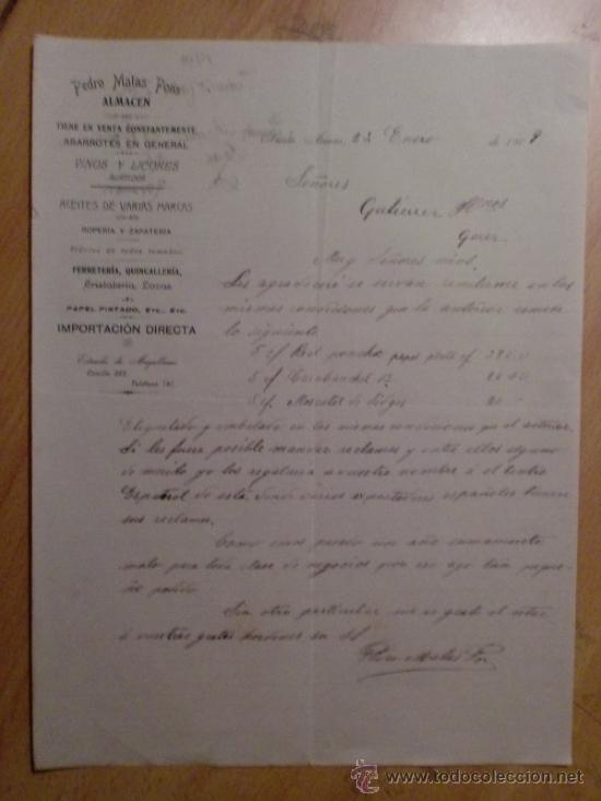 Lettres commerciales: CARTA COMERCIAL. PUNTA ARENAS. CHILE. ENERO 1909. PEDRO MATAS PONS. ALMACEN.