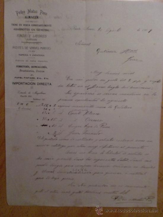 Lettres commerciales: CARTA COMERCIAL. PUNTA ARENAS. CHILE. AGOSTO 1909. PEDRO MATAS PONS. ALMACEN.