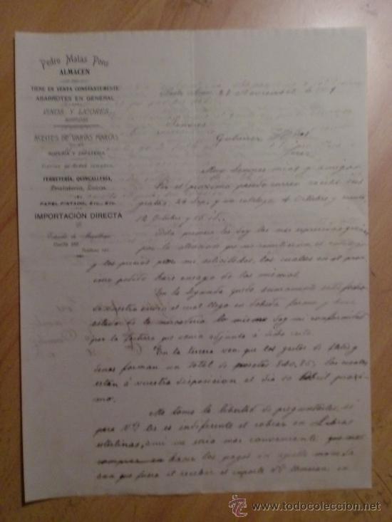 Lettres commerciales: CARTA COMERCIAL. PUNTA ARENAS. CHILE. NOVIEMBRE 1909. PEDRO MATAS PONS. ALMACEN.