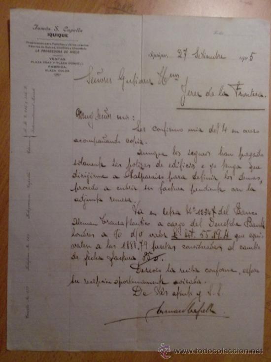 Lettres commerciales: CARTA COMERCIAL. IQUIQUE. CHILE. SEPTIEMBRE 1905. TOMAS S. CAPELLA. PROVISIONES.