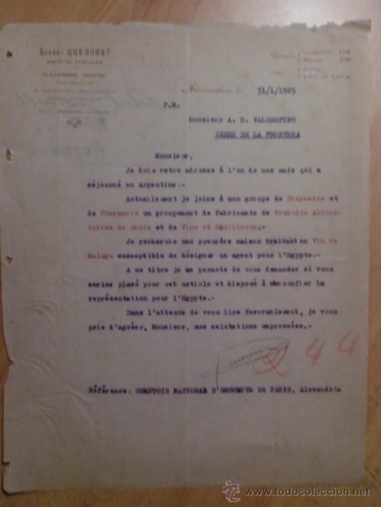 Lettres commerciales: CARTA COMERCIAL. ALEXANDRIE. EGIPTO. ENERO 1925. ROBERT GUEROULT. AGENT DE FABRIQUES..