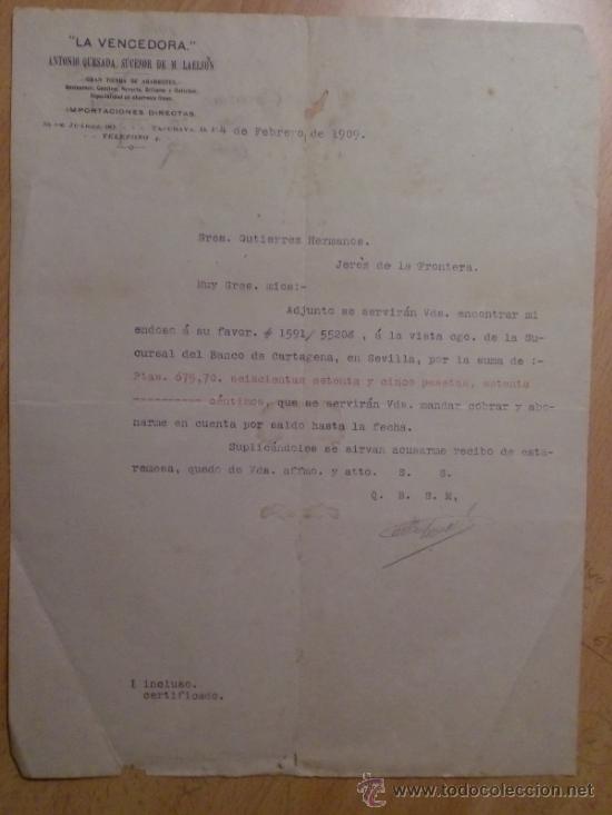 Lettres commerciales: CARTA COMERCIAL. TACUBAYA. MEXICO. FEBRERO 1909. ANTONIO QUESADA, SUCESOR DE M. LAELSON. ABARROTES.