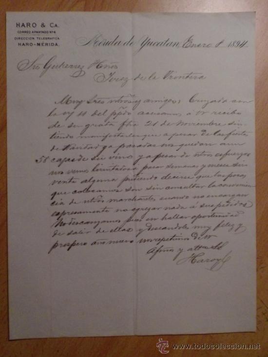 Lettres commerciales: CARTA COMERCIAL. MERIDA DE YUCATAN. MEXICO. ENERO 1894. HARO Y CIA.