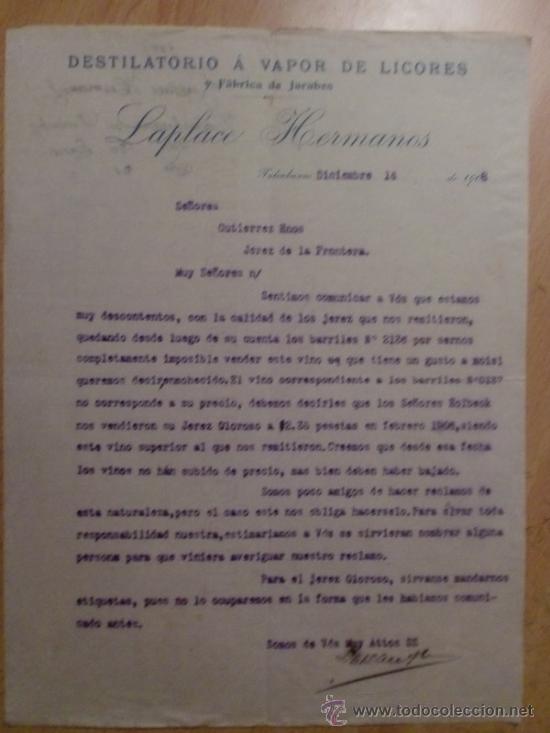 Lettres commerciales: CARTA COMERCIAL. TALCAHUANO. CHILE. DICIEMBRE 1908. LAPLACA HERMANOS. DESTILATORIO A VAPOR DE LICOR.
