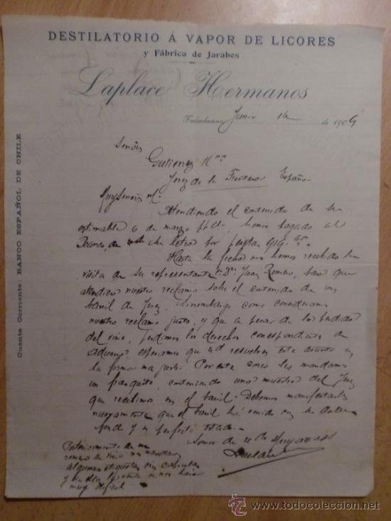 Lettres commerciales: CARTA COMERCIAL. TALCAHUANO. CHILE. JUNIO 1908. LAPLACA HERMANOS. DESTILATORIO A VAPOR DE LICOR.