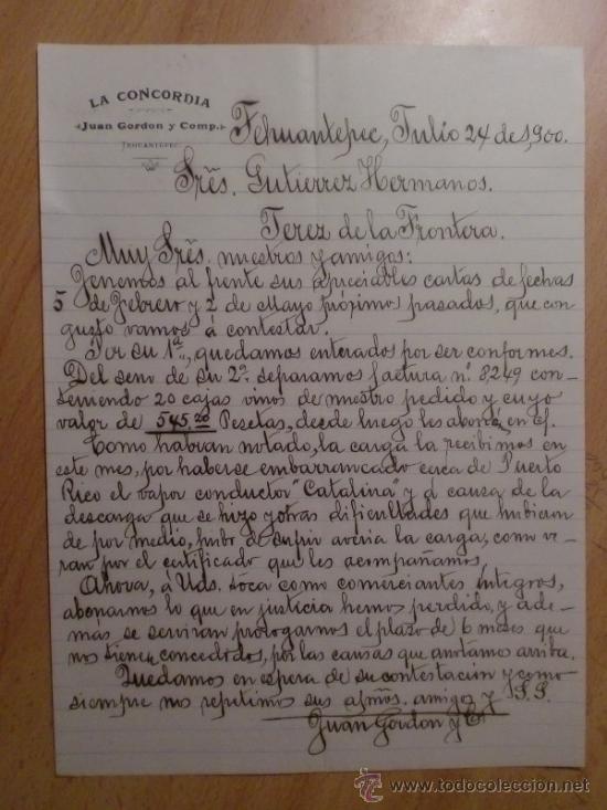 Lettres commerciales: CARTA COMERCIAL. TEHUANTEPEC. MEXICO. JULIO 1900. JUAN GORDON Y COMP. LA CONCORDIA.